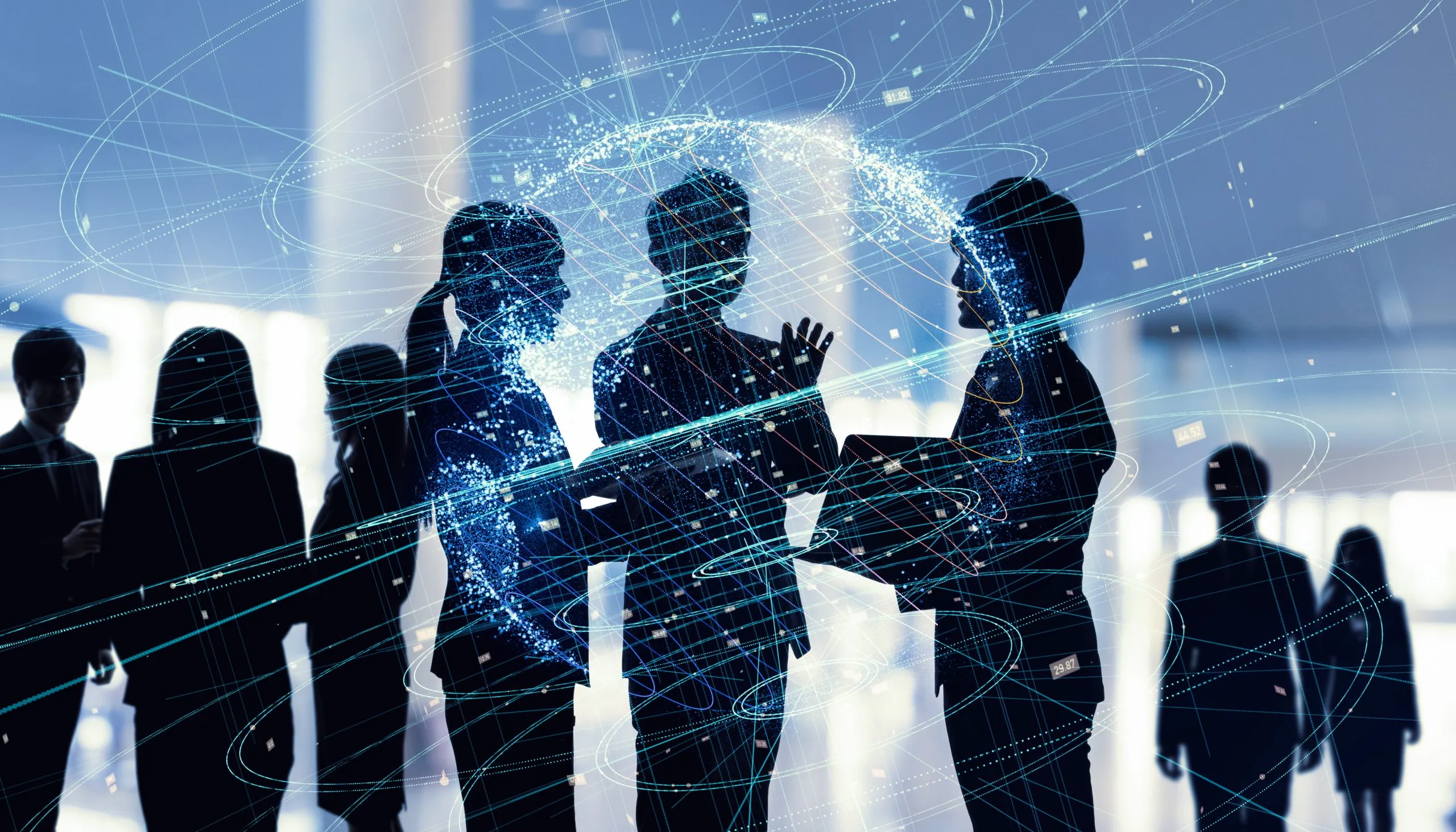 Silhouettes of professionals in a discussion with digital, data-driven lines representing on-demand expertise and global connectivity.