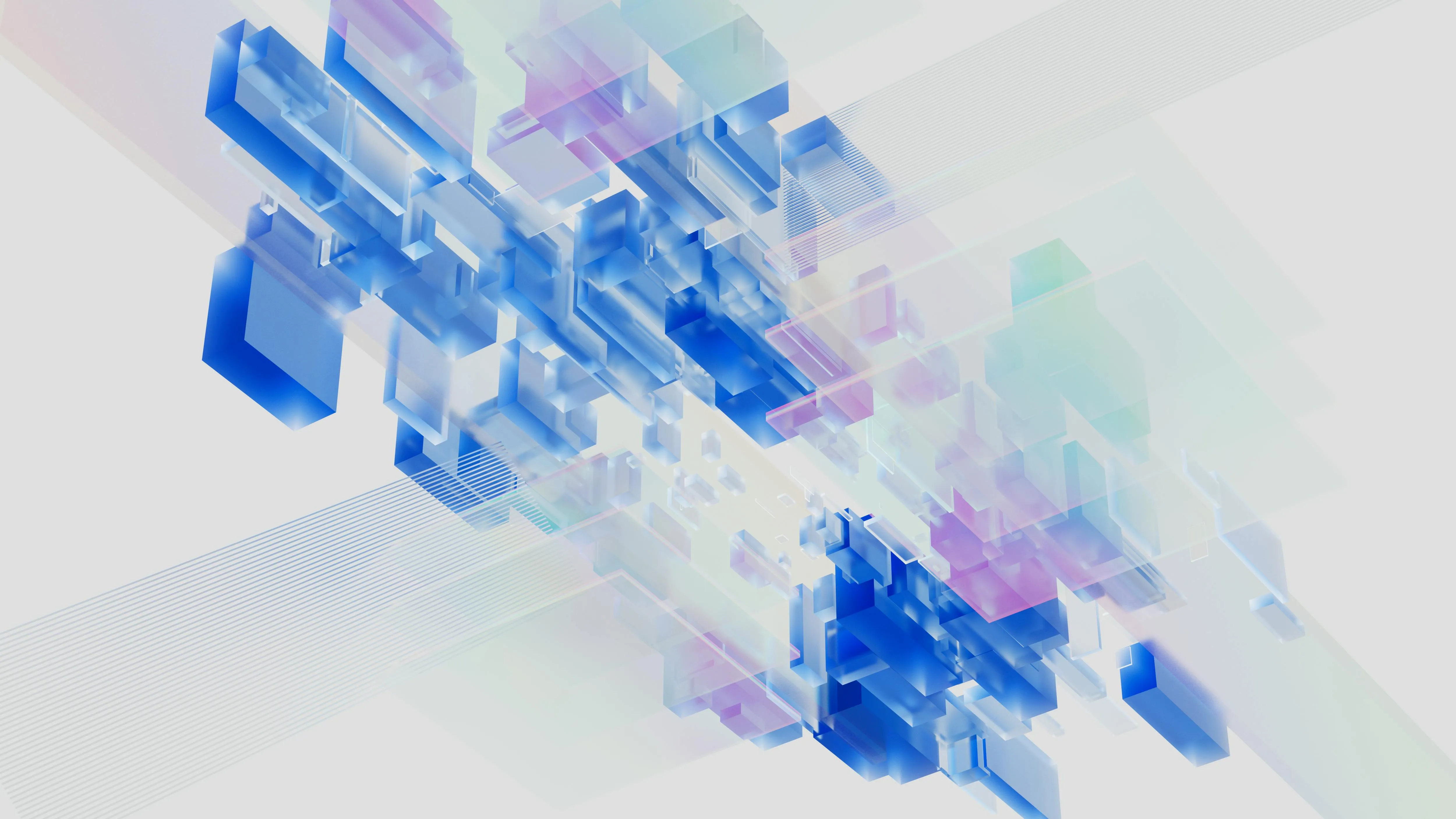 Abstract digital design with floating geometric shapes in blue and purple tones, symbolizing AI, innovation, and data-driven solutions.