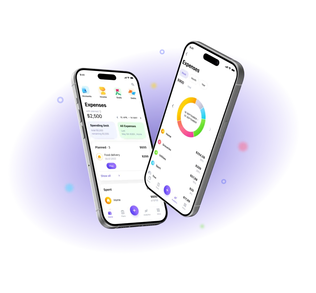 Two smartphones displaying a modern expense tracker app.