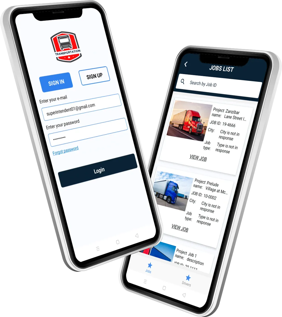 Two smartphones displaying login and job listing screens of a transportation mobile app MVP.