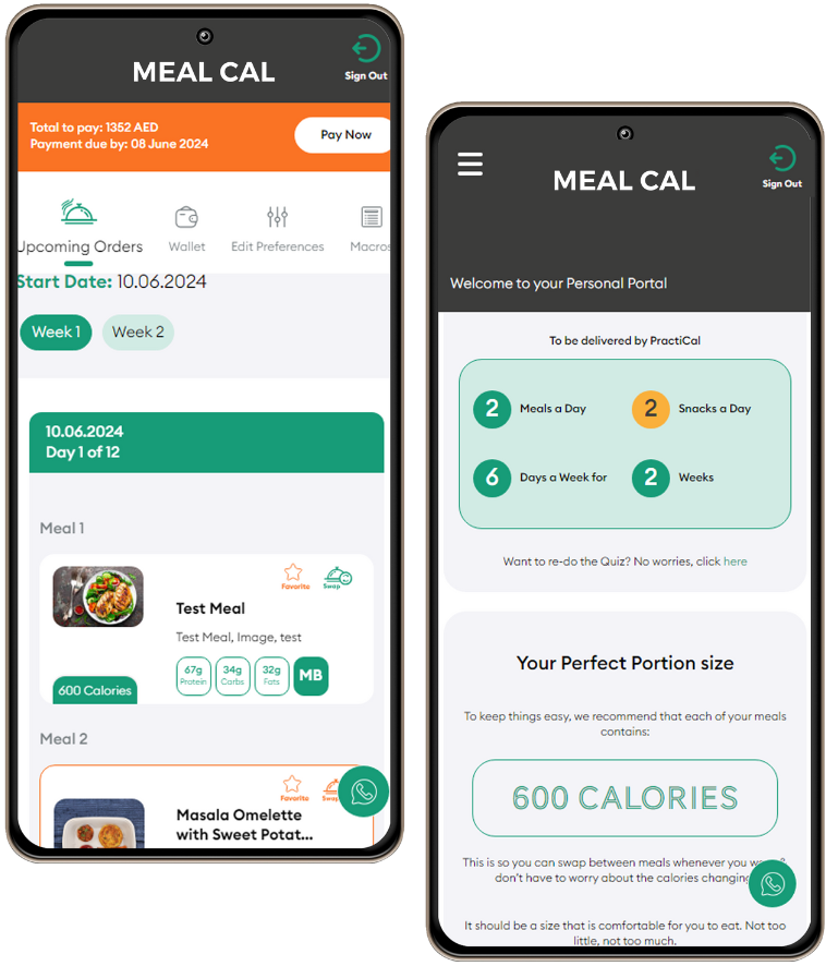 Two Android smartphones displaying a meal planning app with tracking and preferences, developed by Siliconplex.