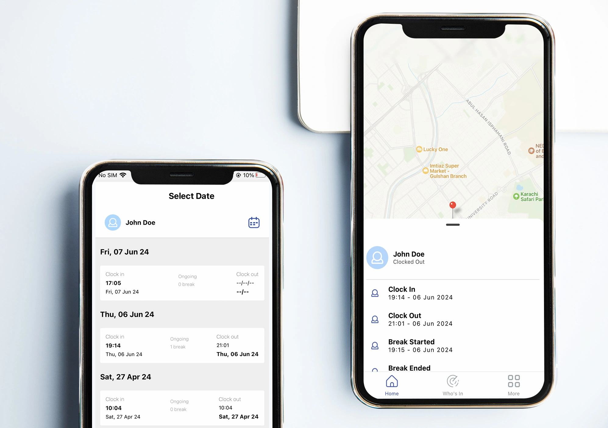 Two smartphones displaying a time tracking app with clock-in and clock-out functionality, developed by Siliconplex.